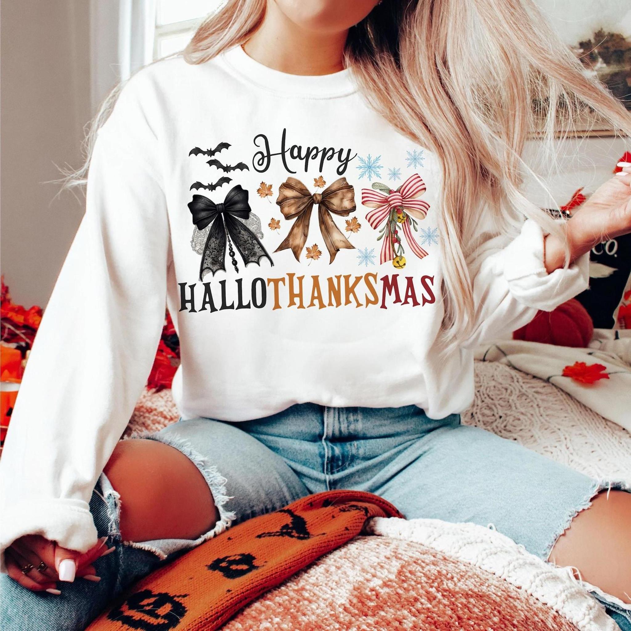 Hallothanksmas Coquette Shirt Happy Hallothanksmas Sweatshirt Coquette Bow Fall Tee